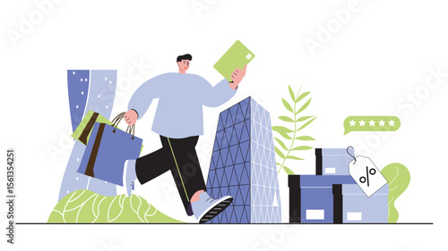 Discount sale concept for modern web design. People buying new products on sale at best prices, paying for purchases with store loyalty program. Flat vector illustration isolated on white background.