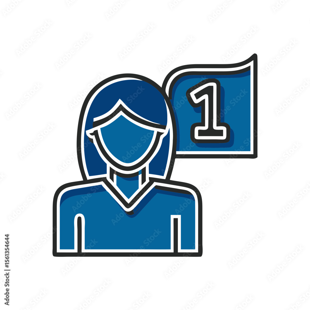 Blue icon of a woman with a number one flag symbolizing success Blue icon of a woman with a number one flag symbolizing success