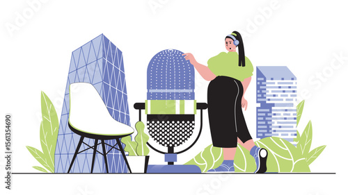 Radio station concept for modern web design. People works as presenters on radio program, speaking to microphone, broadcasting and streaming. Flat vector illustration isolated on white background.