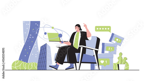 Social network concept for modern web design. People making online posts, watching content, collecting likes, leaving comments, following blogs. Flat vector illustration isolated on white background.