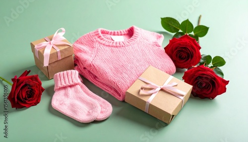 A parcel of Pink Knitted Baby romper with tosca background