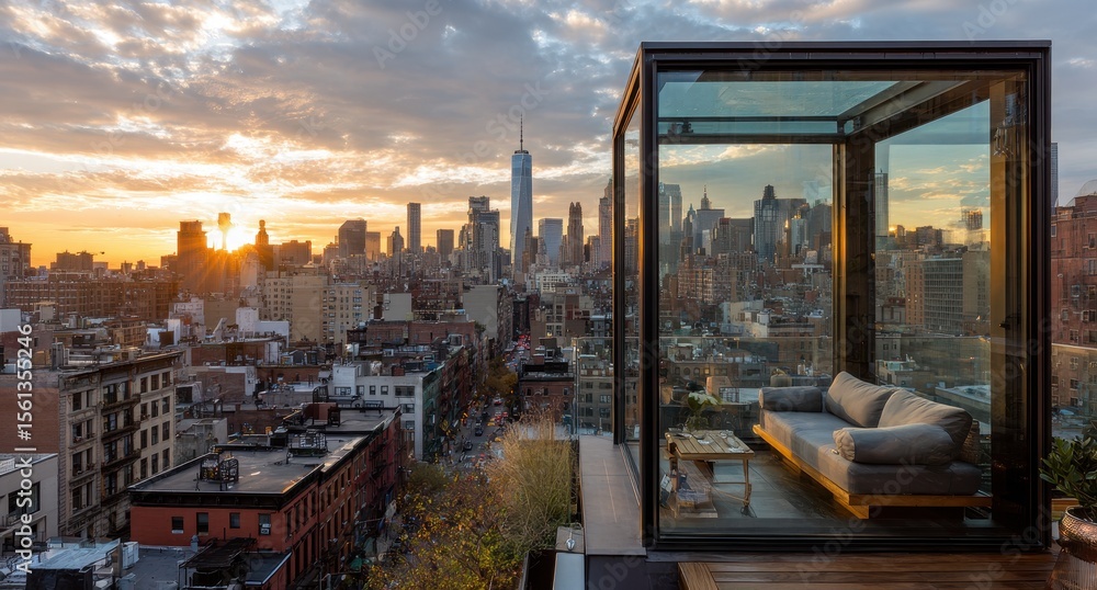 Fototapeta premium Rooftop glass box overlooking NYC skyline at sunset