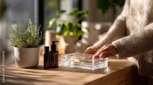 Woman organizing essential oils near plants