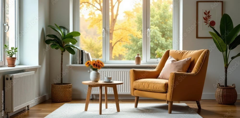 Fototapeta premium Cozy armchair near wooden coffee table by window, Scandinavian living room , room, scandinavian, living room
