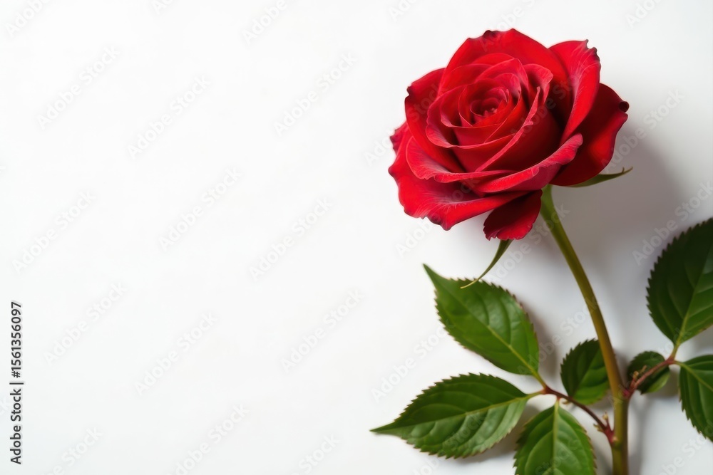Fototapeta premium Crimson roses, gilded leaves, pristine white backdrop, petals, still life, red roses