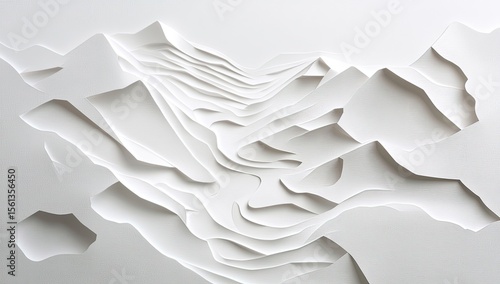 Abstract paper mountain range.  Intricate layers of white paper create a stylized landscape.  Deep valleys and sculpted peaks.  A serene and minimalist design