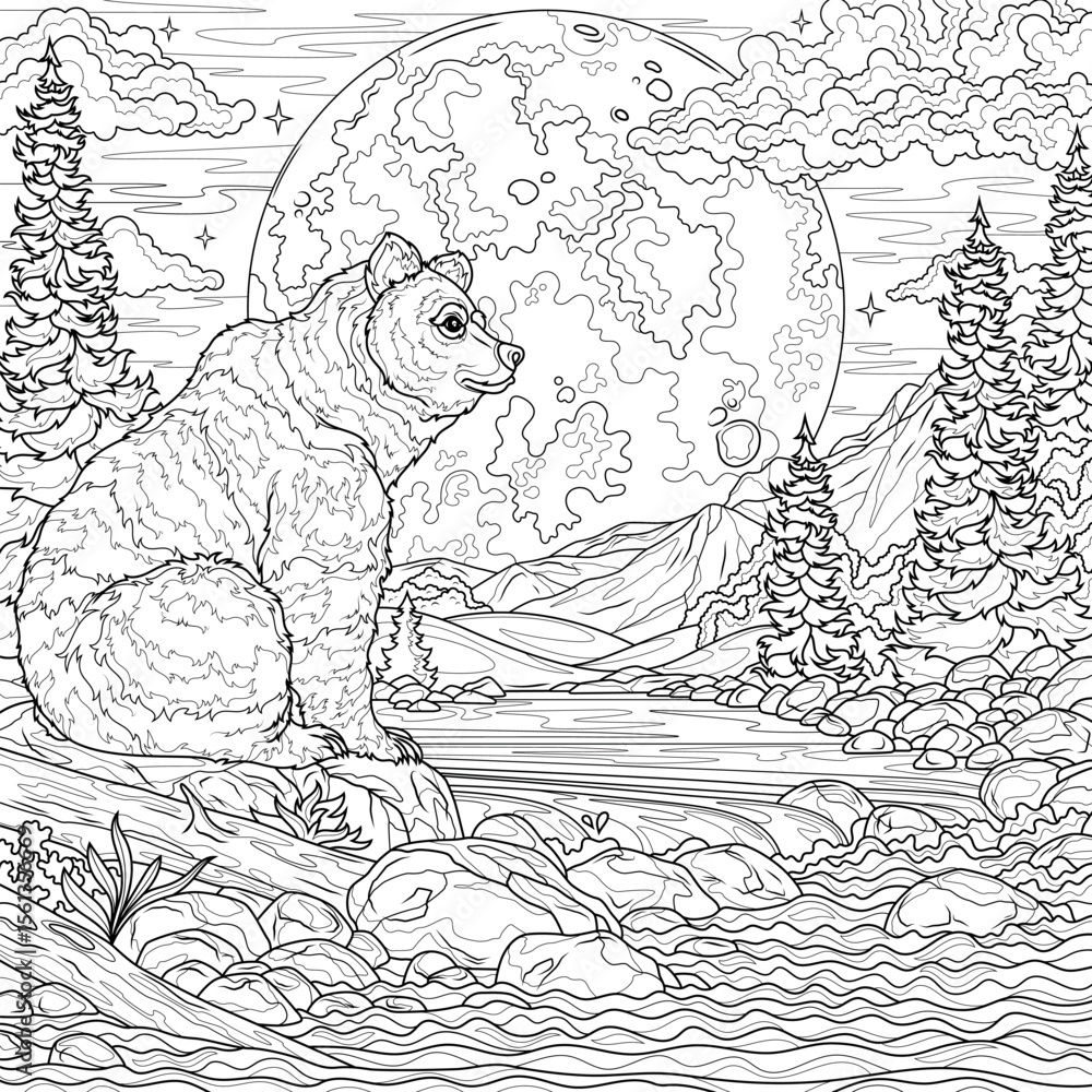 Naklejka premium Bear by the river and mountains and the full moon.Landscape. Coloring book antistress for children and adults.