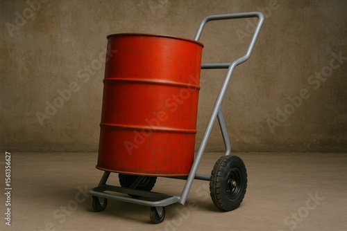 Red metal barrel on a wheeled hand truck against a textured background