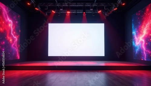 Modern art gallery interior, empty space for product placement, large projection screen on stage , technology, marketing, signage