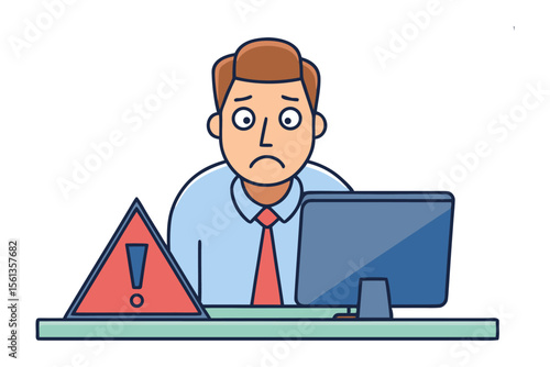 Alert Overload: A man confronts a computer screen bearing a digital hazard sign, encapsulating a moment of professional digital stress.