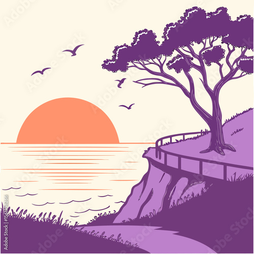 Illustration of a tree on a cliff overlooking the ocean at sunset with birds flying in the sky above the water