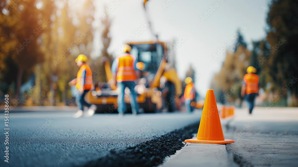 Closeup of orange traffic cone on road with construction workers moving in background repairing potholes, concept for infrastructure maintenance
