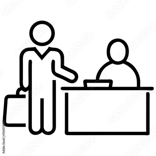 Check-in counter icon with agent and passenger for airport navigation, travel blogs, ticketing, infographics, presentations