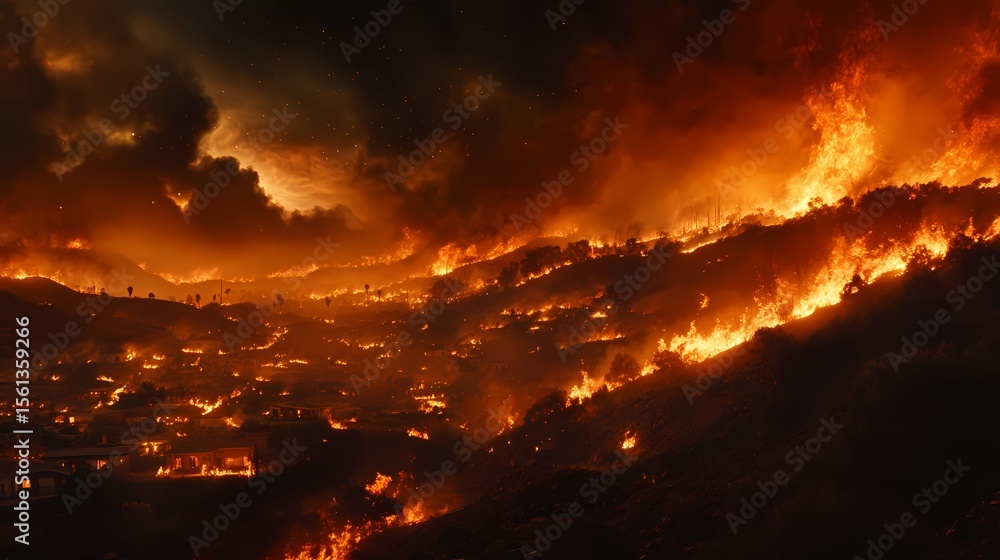Naklejka premium Wildfire Inferno Devastating Nighttime Blaze Engulfs Hillsides