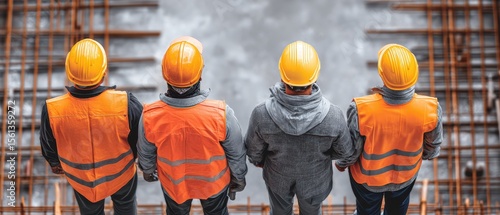 Four construction workers in orange safety vests and helmets observe a construction site from above. The scene highlights teamwork, safety, and the construction environment.