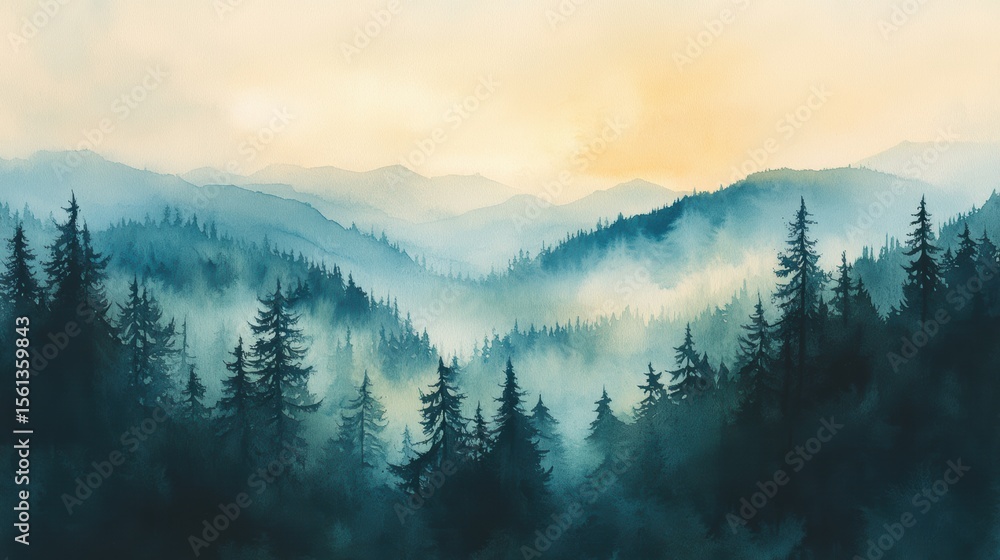 Obraz premium Watercolor of landscape forest misty mountains horizon and fog and hills,pine tree fir tree,Autumn forest background,drawn by hand,Autumn illustration design elements for landscape,wallpaper.