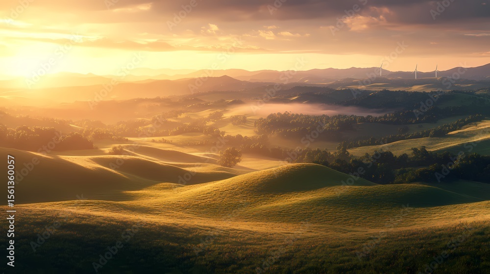 Fototapeta premium Golden Hour Hills Sunrise Landscape Panorama 