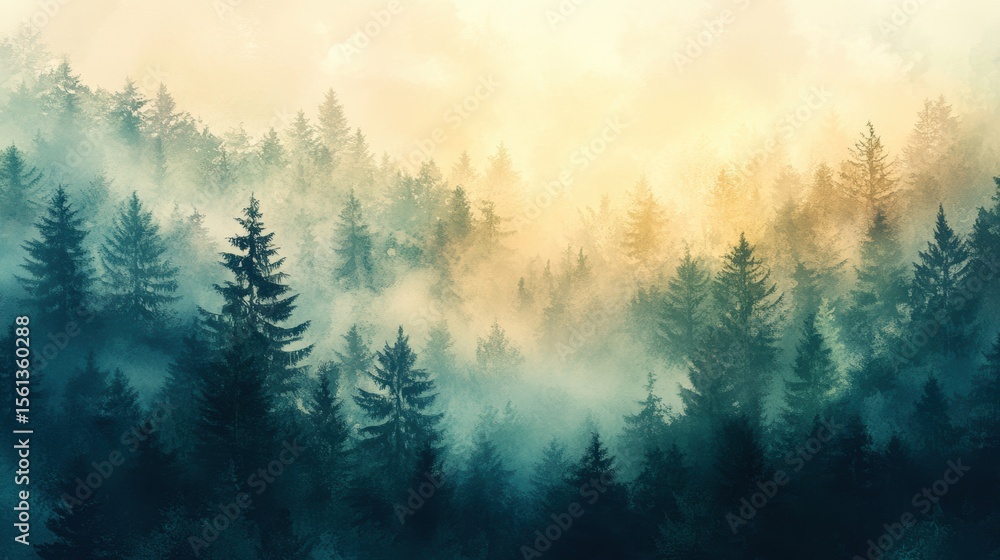 Obraz premium Watercolor of landscape forest misty mountains horizon and fog and hills,pine tree fir tree,Autumn forest background,drawn by hand,Autumn illustration design elements for landscape,wallpaper.