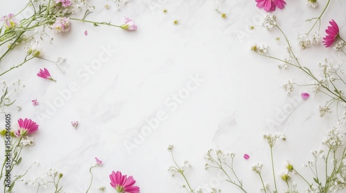 Fototapeta Naklejka Na Ścianę i Meble -  summer background with small wildflowers (daisies, cosmos, gypsophila), flowers only in the top left and bottom right corners