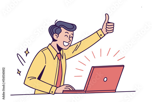 Online Approval: A person gives a thumbs up while working on a laptop, showcasing positive feedback.