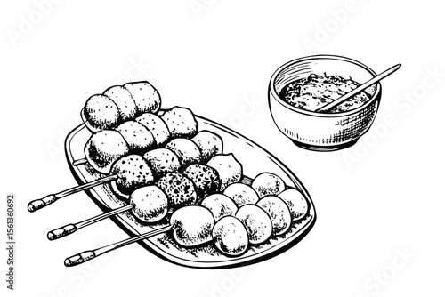 Japanese Dango Vector Engraving Set. Detailed Monochrome Snack Illustrations. Vintage Stipple & Hatching Style Icons & Symbols