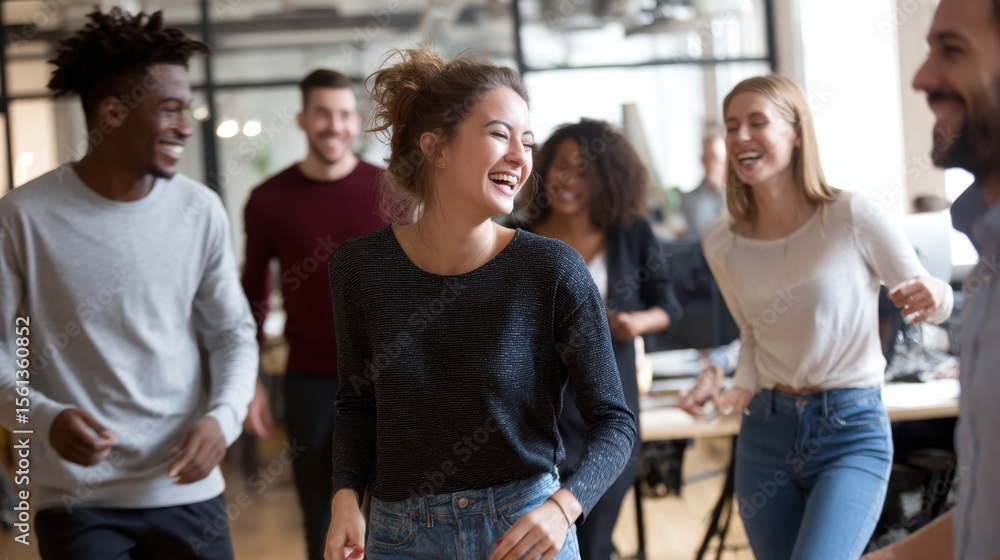 Obraz premium Group of young professionals enjoying a team-building activity in a modern office space, smiling and laughing