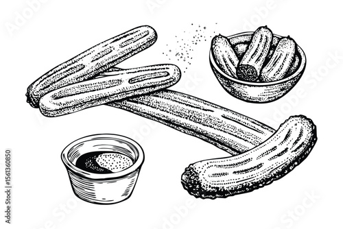 Churros Vector Engraving Set. Detailed Monochrome Dessert Illustrations. Vintage Stipple & Hatching Style Icons & Symbols