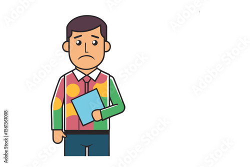 Disheartened Figure in Business Casual: A downcast individual stands, clutching a notebook, a picture of dejection and uncertainty in a cartoonish illustration.