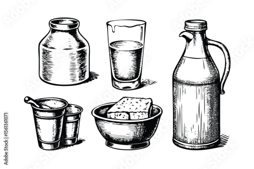 Milk & Dairy Vector Engraving Set. Detailed Monochrome Drink Illustrations. Vintage Stipple & Hatching Style Icons & Symbols