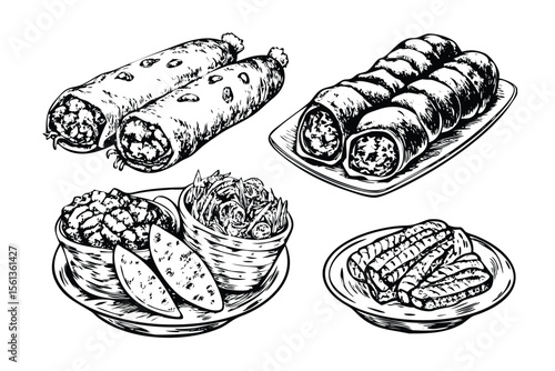 Kebab & Wrap Vector Engraving Set. Detailed Monochrome Street Food Illustrations. Vintage Stipple & Hatching Style Icons & Symbols