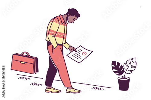 Business document scrutiny: An illustrative image depicts a focused individual reviewing a formal document, accompanied by a briefcase and a potted plant.