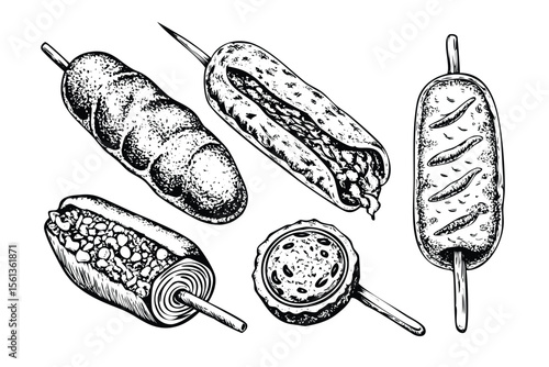 Corn Dogs Vector Engraving Set. Detailed Monochrome Snack Illustrations. Vintage Stipple & Hatching Style Icons & Symbols