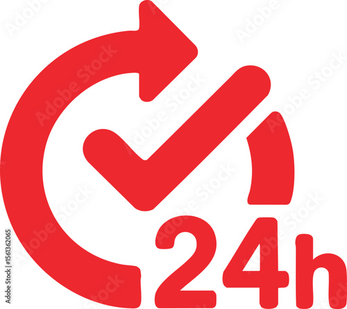 Red 24 Hour Service Availability Symbol With Check Mark And Circular Arrow Indicating Round The Clock Support And Continuous Operation

