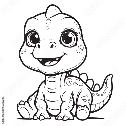 Adorable cartoon baby dinosaur sitting and smiling with big eyes and spots in black and white line art style