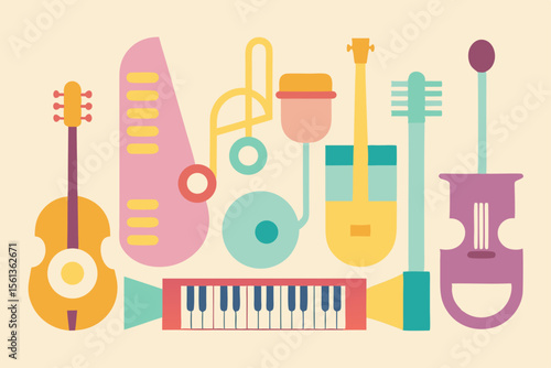A colorful collection of abstract musical instruments and notes