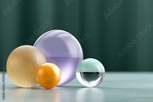 Colorful spheres on teal surface with green background