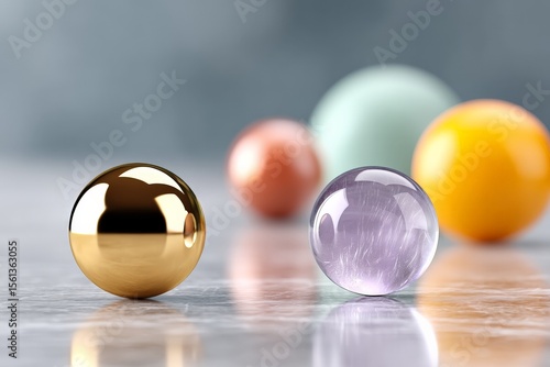 Colorful reflections: assorted spheres on marble surface