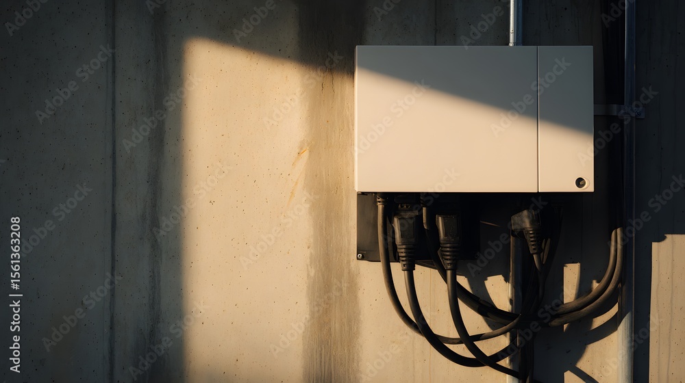 Close-up solar panel junction box and cables to battery storage unit Close-up solar panel junction box and cables to battery storage unit