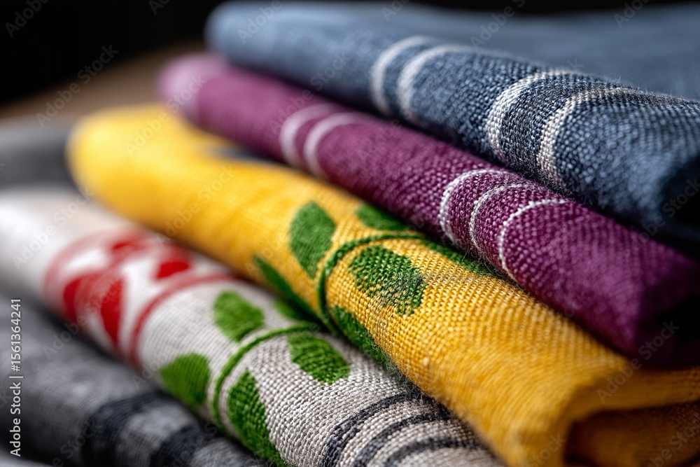 Fototapeta premium Colorful stack of patterned fabrics with textile details in varied shades