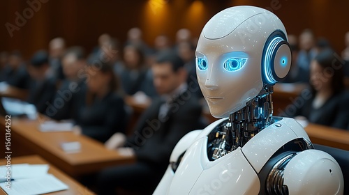 AI Robot in Courtroom Justice with Technology, Future, Legal, Jury, and Automation Concept.