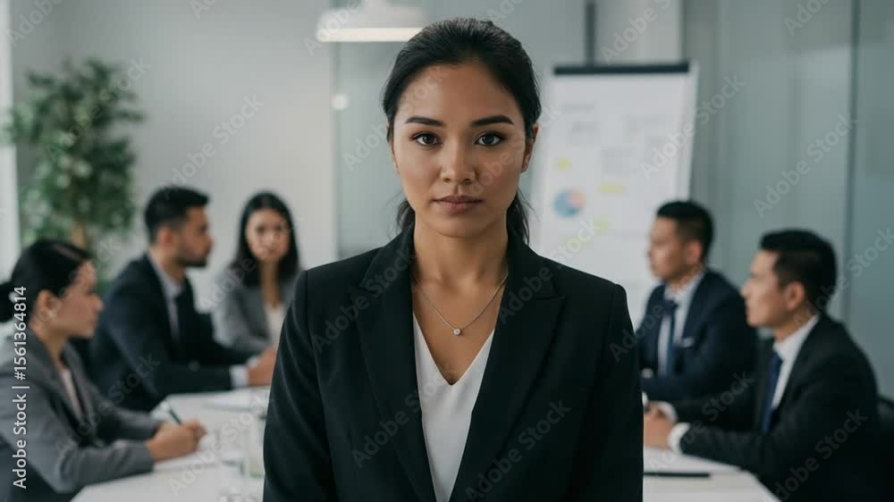 Asian Businesswoman In Black Blazer Posing In Front Of Team In Boardroom With White Background Asian Businesswoman In Black Blazer Posing In Front Of Team In Boardroom With White Background