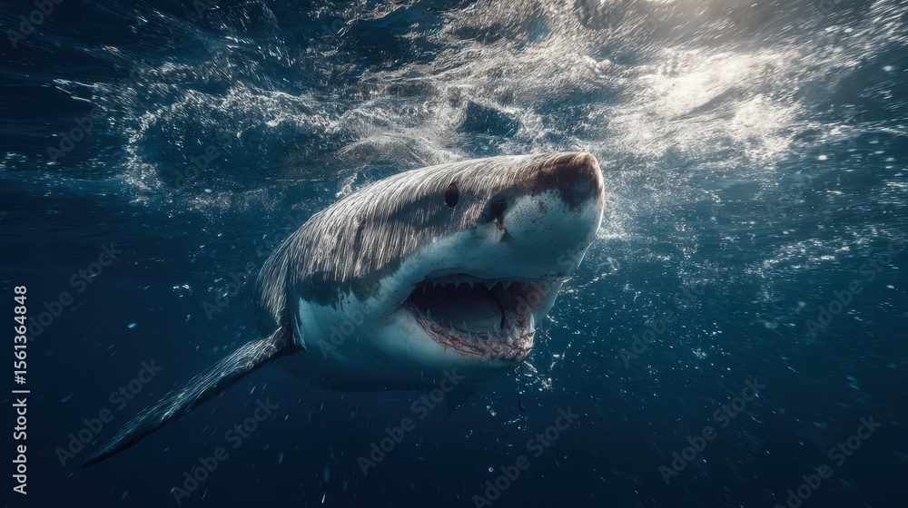 Fototapeta premium A great white shark emerging from deep blue waters
