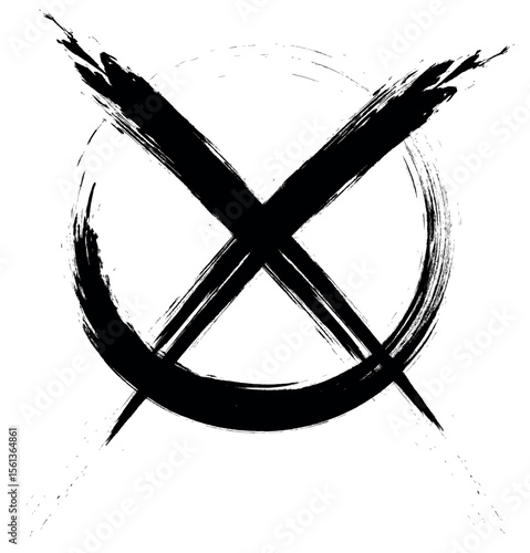 A striking black ink brushstroke design, featuring an "X" overlaid within a circle.