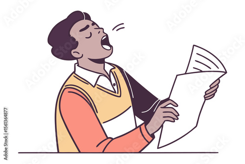 Eloquent Recital: A person stands poised with a document in hand, delivering a captivating reading with an air of intellectual prowess and artistic elegance.