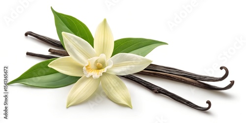 Close-up of beautiful white lily of the valley and yellow vanilla flowers with green leaves