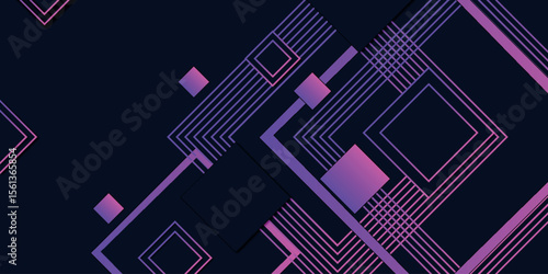 Abstract glowing square purple lines on dark background. Geometric square and lines background.