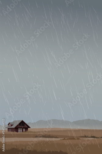 Raining in minimalist wheat field landscape with country house in the middle have mountain ranges far away and dusk sky vertical background graphic illustration.