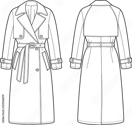 CAD drawing flat vector illustration, classic trench coat front and back view, belted waist design, double-breasted outerwear sketch, fashion template layout, Adobe Stock
