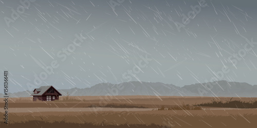 Raining in minimalist wheat field landscape with country house in the middle have mountain ranges far away graphic illustration.
