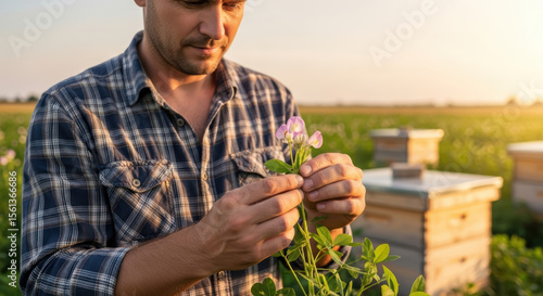 Dedicated male beekeeper inspects blooming flower near beehives on sunny farmland, examining plant closely for pollination and honey production during seasonal work